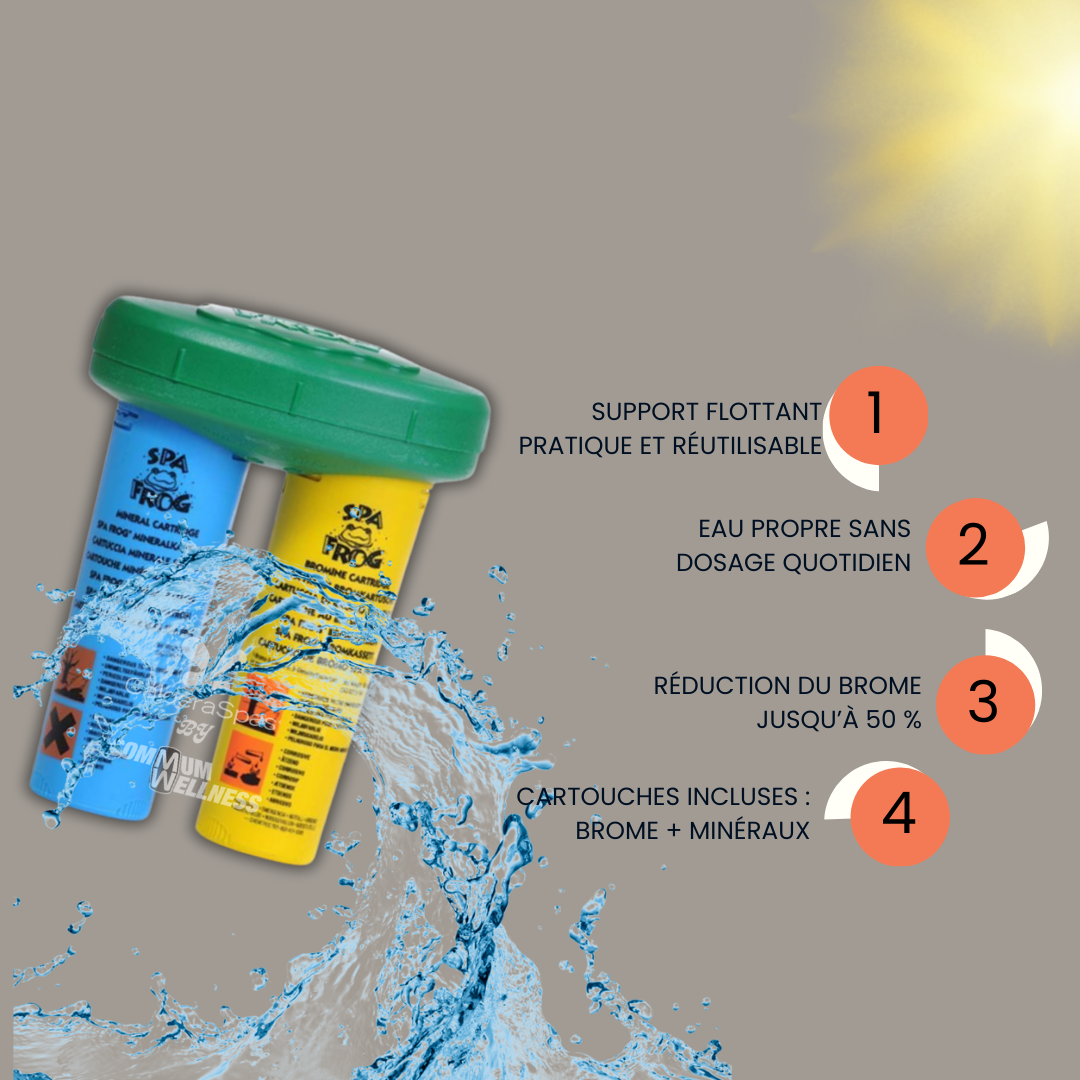 Cartouche bleu et jaune et support vert avec avantages produit