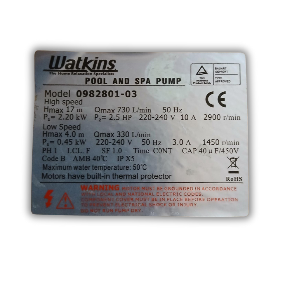 pompe spa 2.5hp etiquette moteur specs watkins