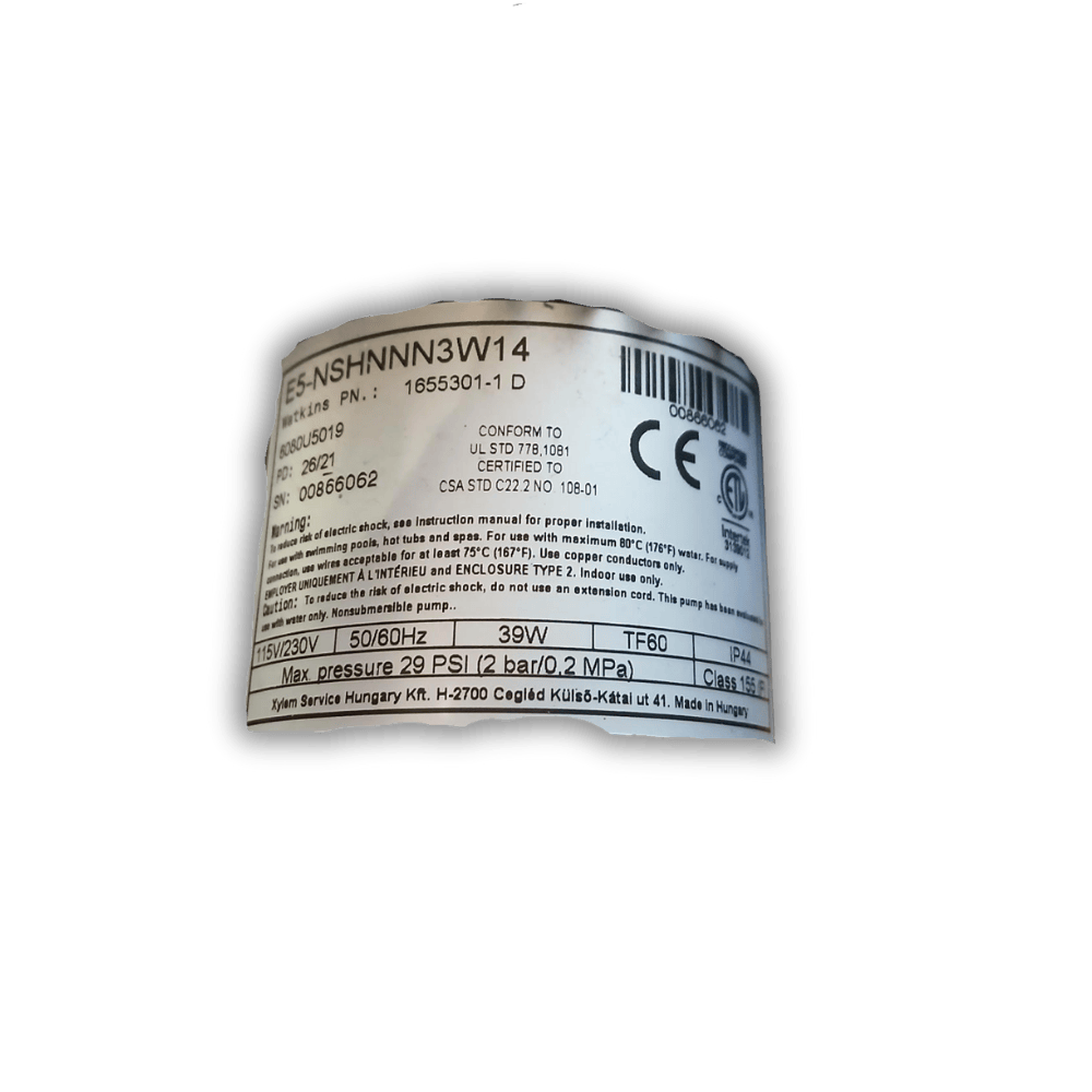 pompe spa e5 etiquette reference 39w specifications