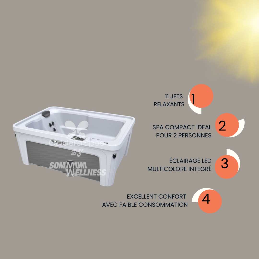 visuel des avantages du spa caldera aspire avec 11 jets relaxants et eclairage led multicolore