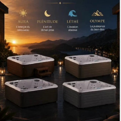 les quatre spas Sommum — Aura, Plénitude, Léthé et Olympe — sur une terrasse au crépuscule