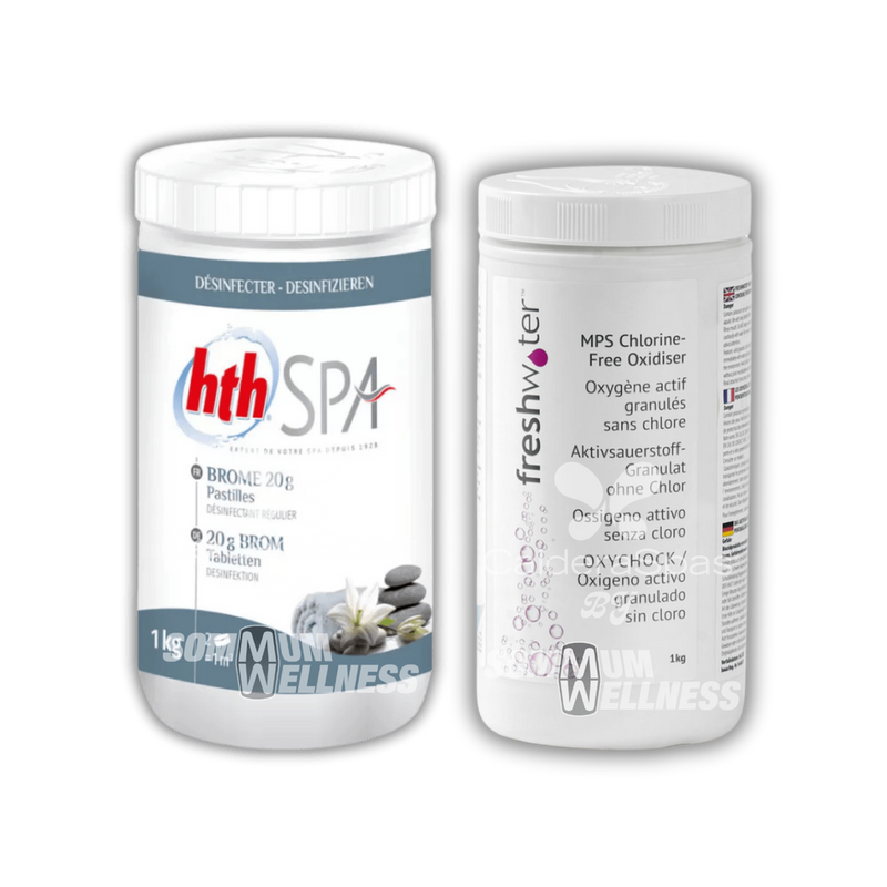 Brome ou oxygène actif pour spa : pastilles de brome HTH 1 kg et oxygène actif MPS FreshWater, les deux traitements comparés