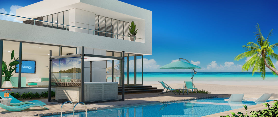 abri de spa Covana Evolution ouvert au-dessus du bassin