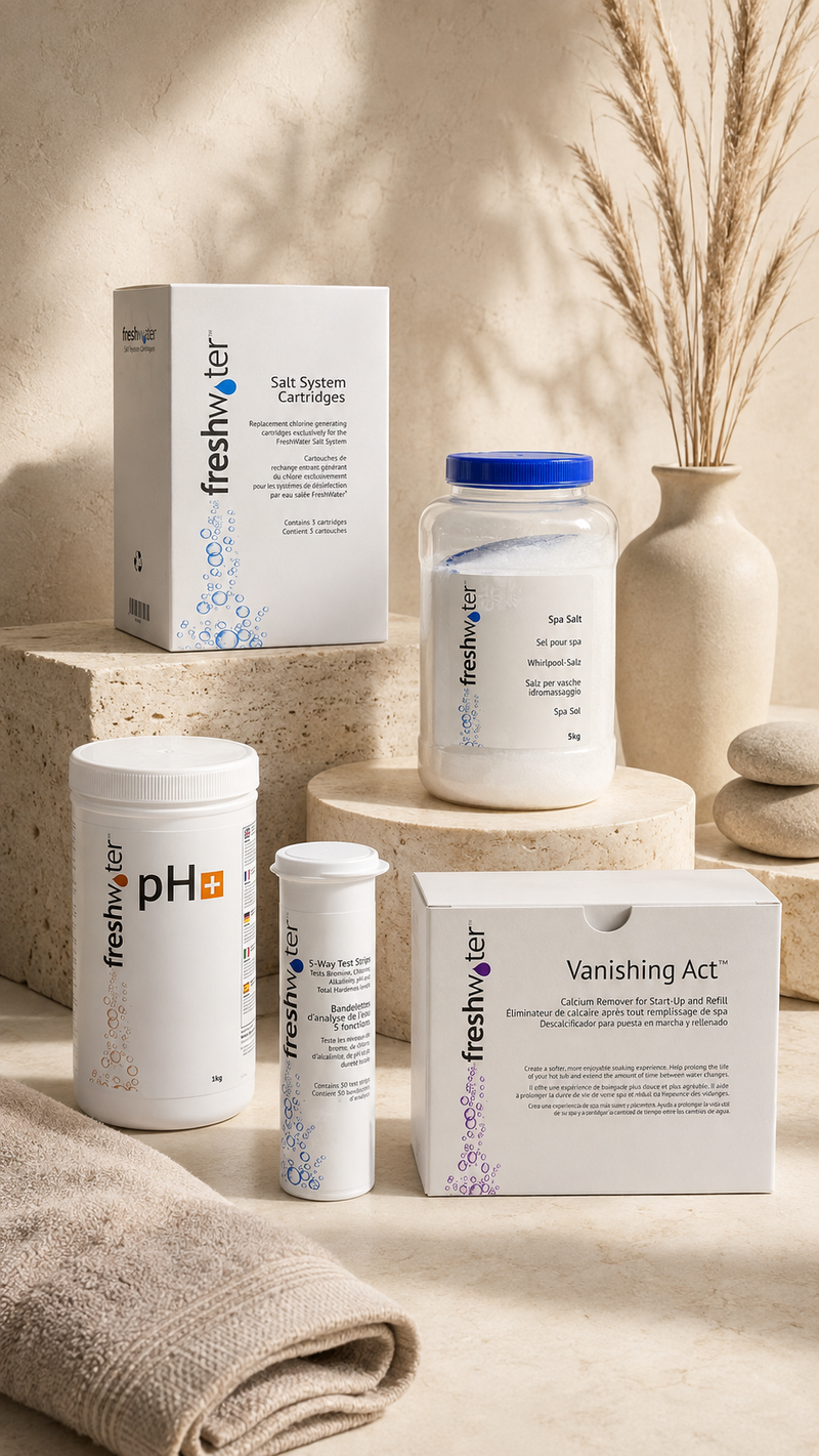 Gamme FreshWater : cartouches au sel, sel et bandelettes pour l'entretien du spa Caldera