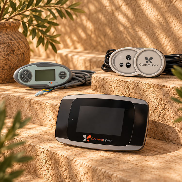 Trois panneaux de commande Caldera Spas sur des marches en pierre : un tactile noir, un auxiliaire à touches Jets et Light, et un modèle à écran LCD.