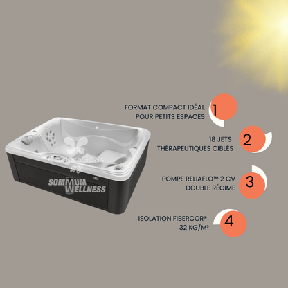 spa Caldera Vacanza Celio 3 places avantages format compact 18 jets pompe ReliaFlo isolation FiberCor