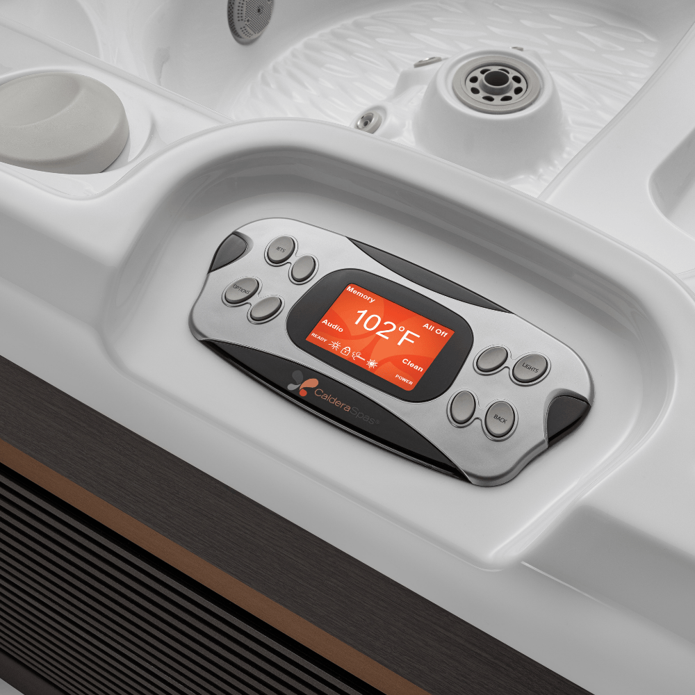 panneau de commande LCD Advent™ du spa Caldera Seychelles avec réglage température et fonctions massage