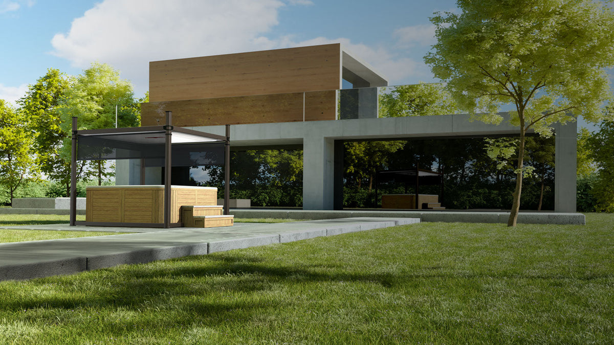 abri de spa Covana Evolution toit plat ouvert au dessus du bassin