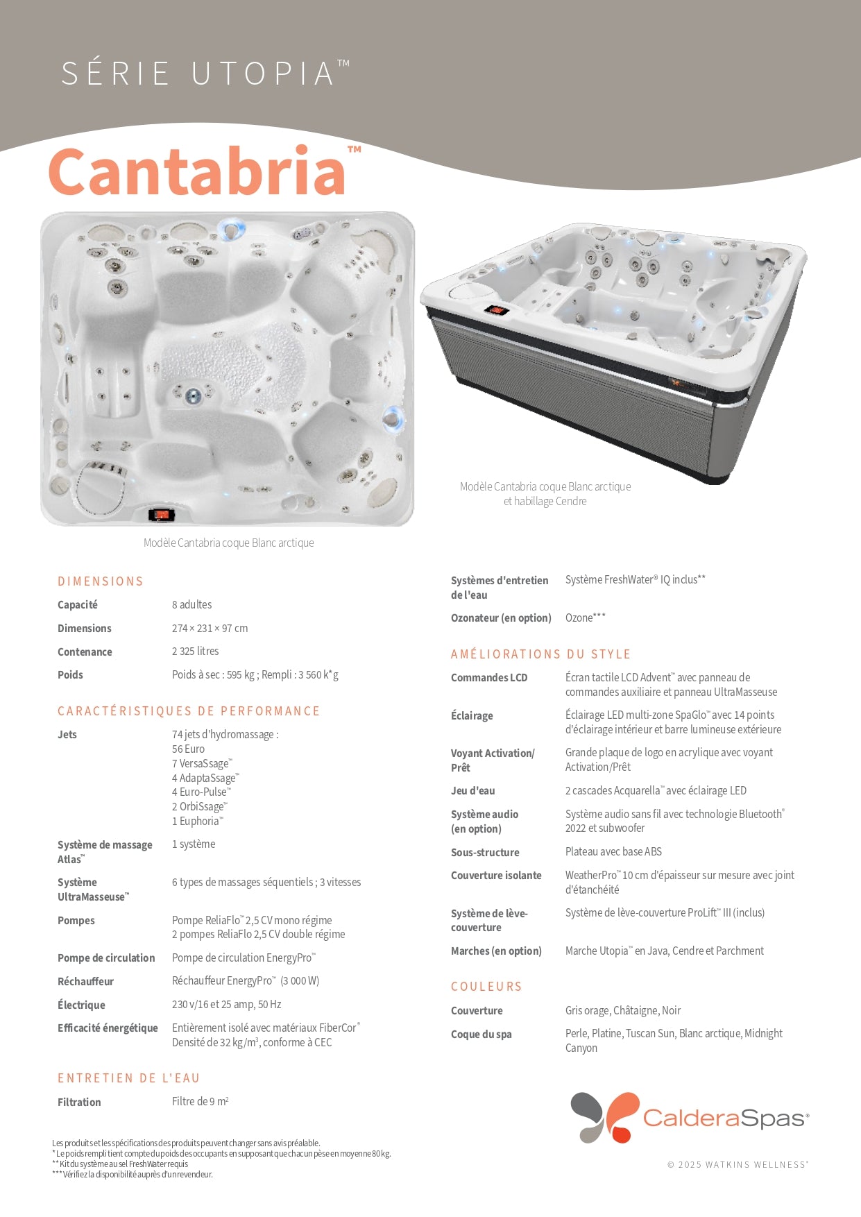 fiche technique complète du Spa Caldera Cantabria Utopia 8 places avec 74 jets, système Atlas™, FreshWater® IQ et isolation FiberCor®