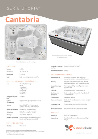 fiche technique complète du Spa Caldera Cantabria Utopia 8 places avec 74 jets, système Atlas™, FreshWater® IQ et isolation FiberCor®
