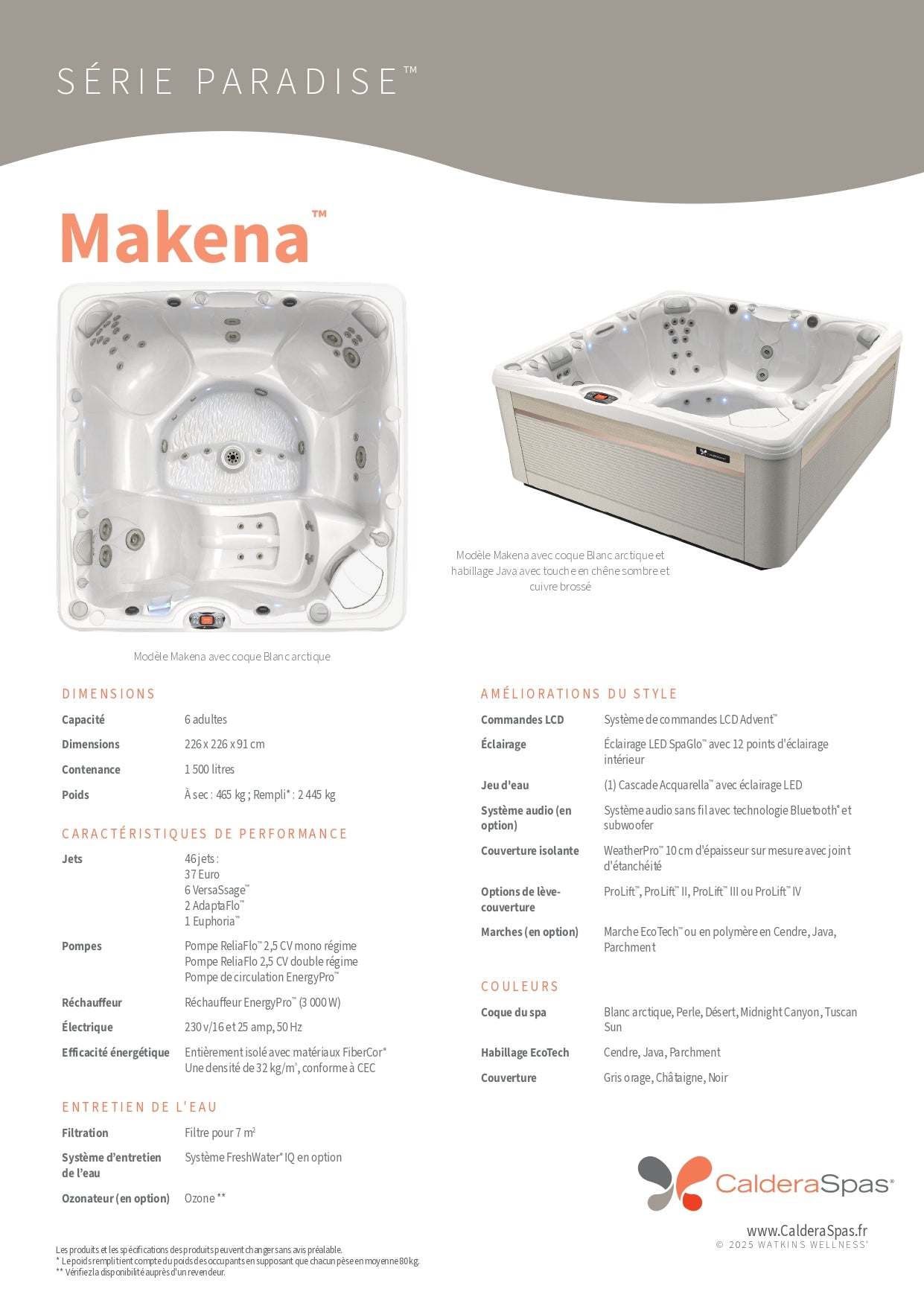 fiche technique complète du Spa Caldera Makena Paradise 6 places avec 46 jets, cascade Aquarella, LED SpaGlo™ et isolation FiberCor®