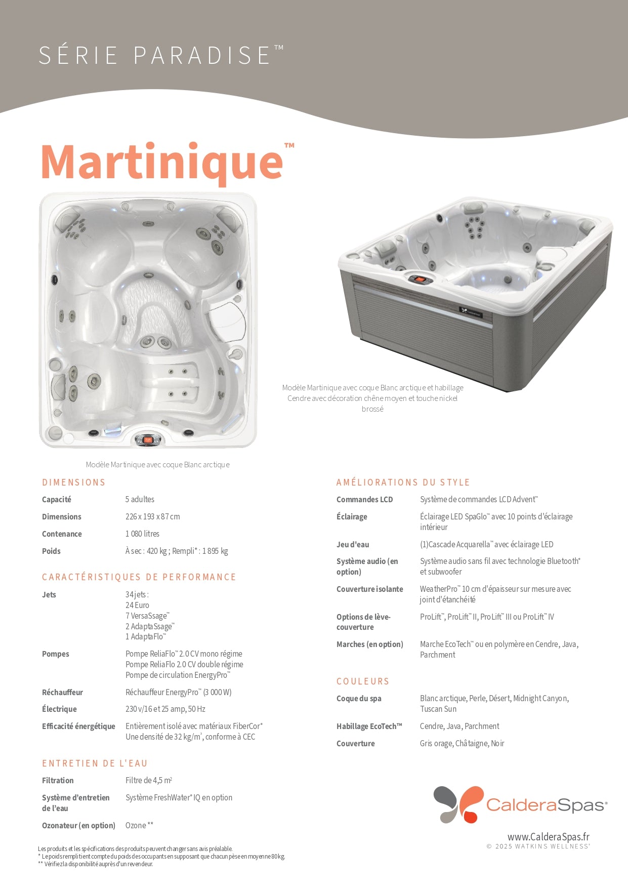 fiche technique spa Caldera Martinique 5 places 34 jets 226x193 cm rechauffeur 3000W isolation FiberCor 32 kg m3