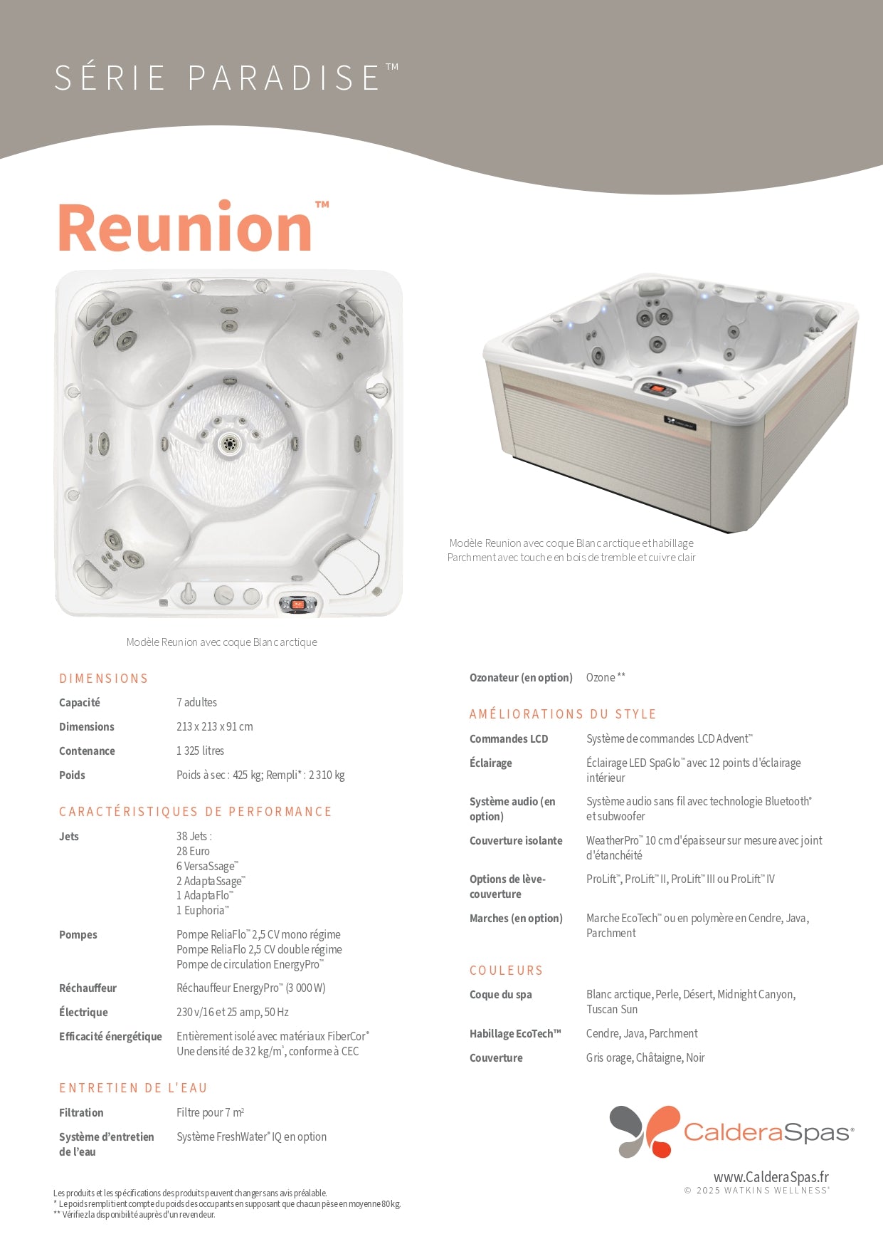 fiche technique officielle spa Caldera Reunion 7 places 213 x 213 cm 38 jets rechauffeur EnergyPro 3000W isolation FiberCor