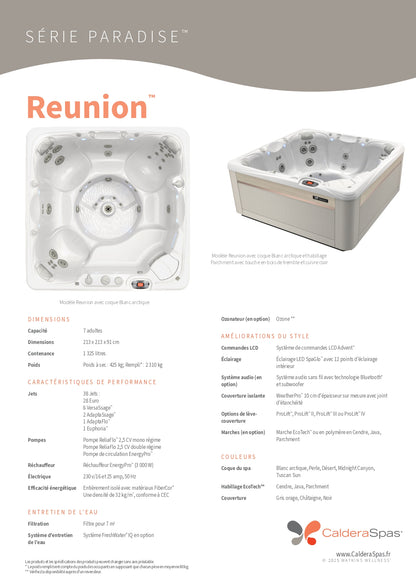 fiche technique officielle spa Caldera Reunion 7 places 213 x 213 cm 38 jets rechauffeur EnergyPro 3000W isolation FiberCor