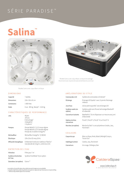 fiche technique du spa Caldera Salina Série Paradise (50 Hz) : dimensions, capacité, jets, pompes, réchauffeur 3000 W, éclairage LED SpaGlo™, options et coloris