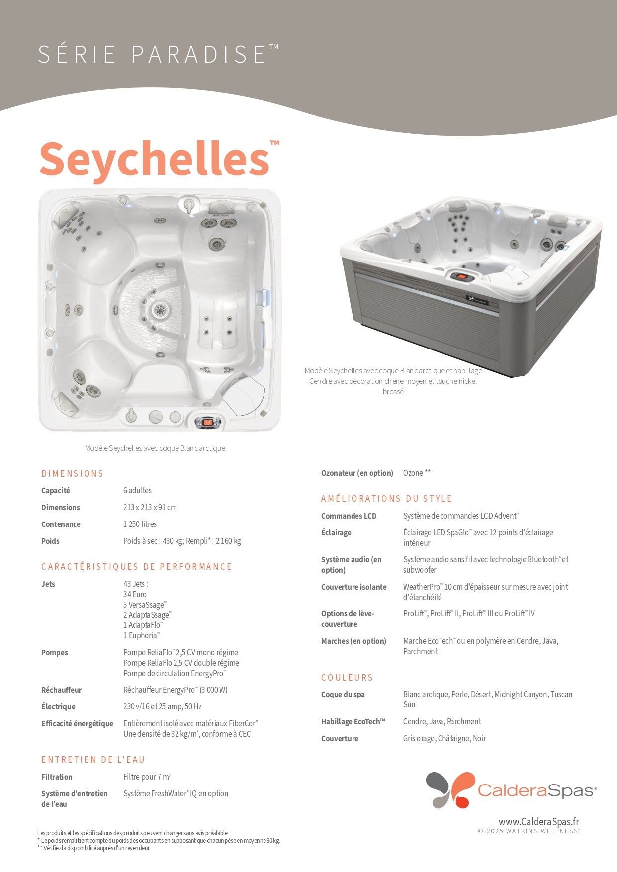 fiche technique spa Caldera Seychelles 6 places Serie Paradise 43 jets 213x213 cm rechauffeur 3000W isolation FiberCor