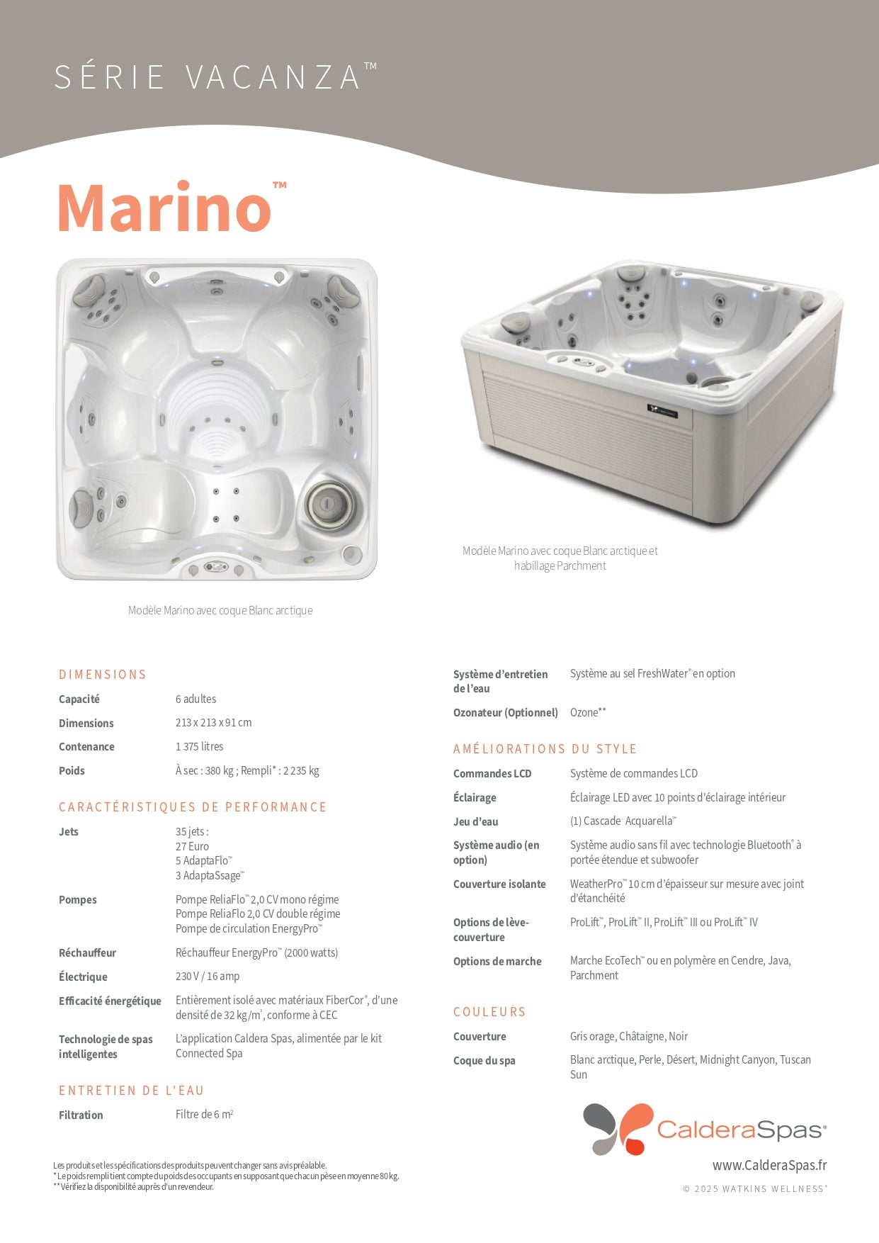 fiche technique Spa Caldera Vacanza Marino 6 places 35 jets double pompe ReliaFlo isolation FiberCor 230V systeme FreshWater en option