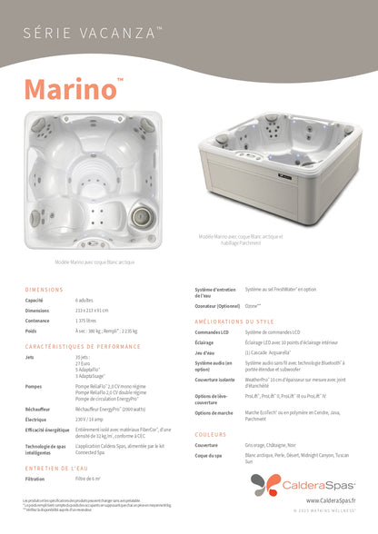 fiche technique Spa Caldera Vacanza Marino 6 places 35 jets double pompe ReliaFlo isolation FiberCor 230V systeme FreshWater en option