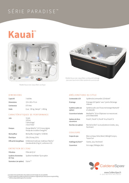 fiche technique complete spa Caldera Paradise Kauai 3 places dimensions 213 x 165 x 75 cm 31 jets rechauffeur 3000W isolation FiberCor 32 kg m3