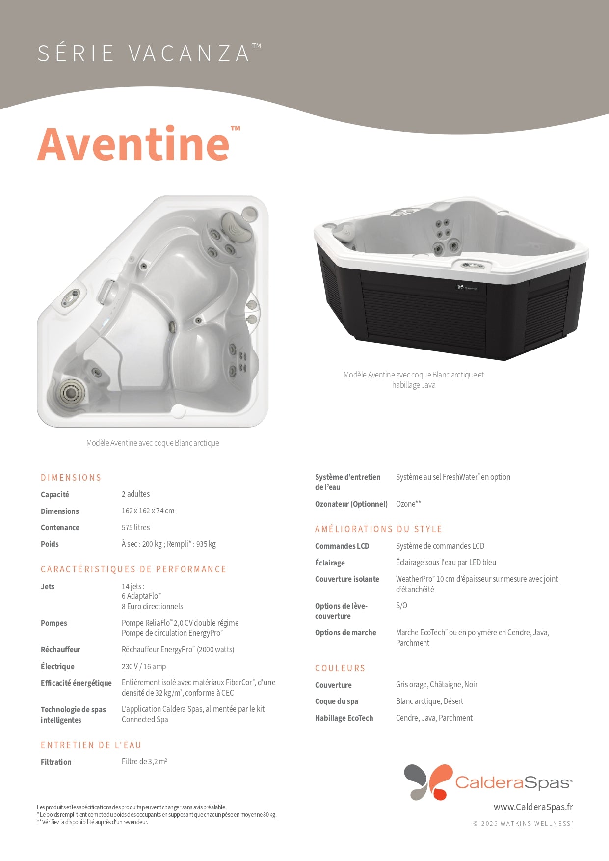 fiche technique spa Caldera Vacanza Aventine 2 places 14 jets pompe ReliaFlo isolation FiberCor dimensions 162 x 162 cm