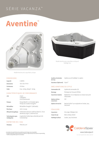 fiche technique spa Caldera Vacanza Aventine 2 places 14 jets pompe ReliaFlo isolation FiberCor dimensions 162 x 162 cm