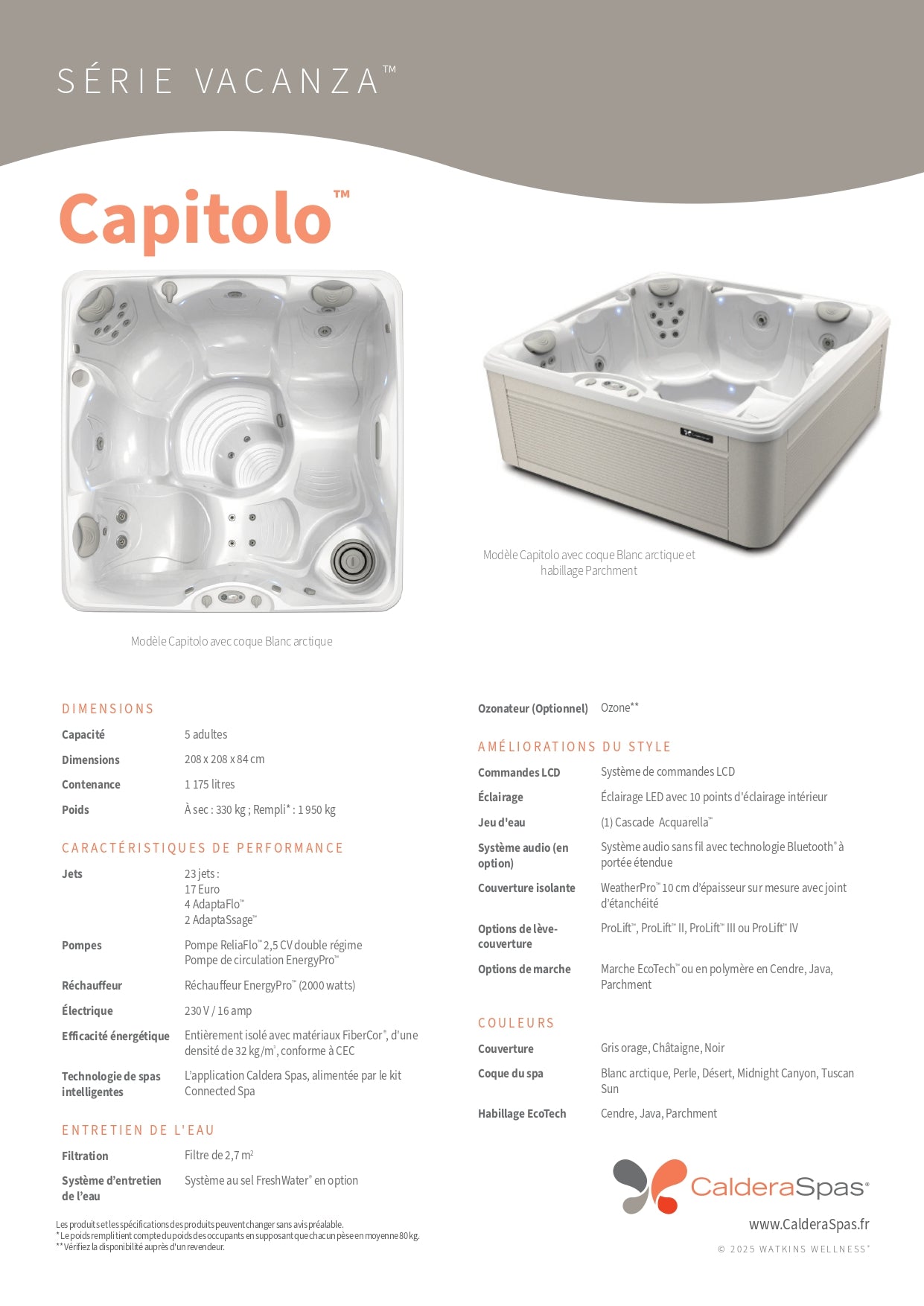 fiche technique spa Caldera Vacanza Capitolo 5 places dimensions 208x208 cm 23 jets pompe ReliaFlo spa compact