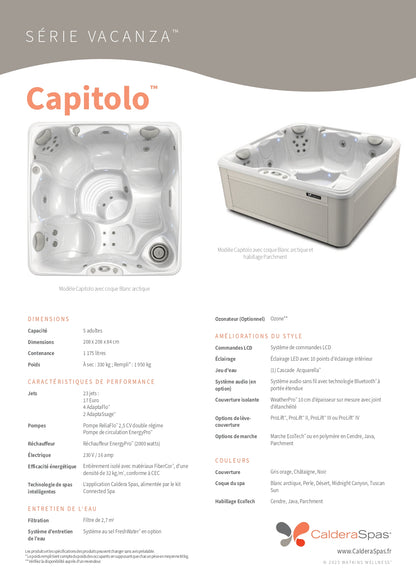 fiche technique spa Caldera Vacanza Capitolo 5 places dimensions 208x208 cm 23 jets pompe ReliaFlo spa compact