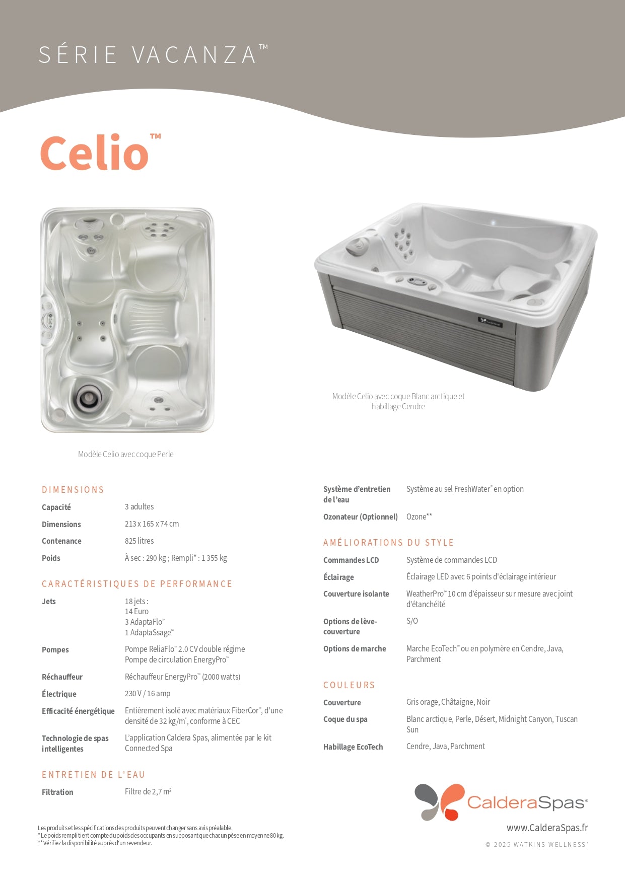 fiche technique spa Caldera Vacanza Celio 3 places 18 jets pompe ReliaFlo isolation FiberCor