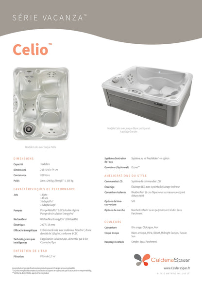 fiche technique spa Caldera Vacanza Celio 3 places 18 jets pompe ReliaFlo isolation FiberCor