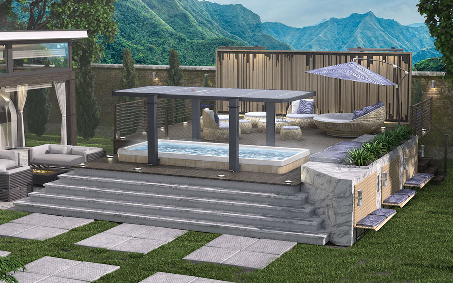 abri de spa de nage Covana Legend installe sur une terrasse