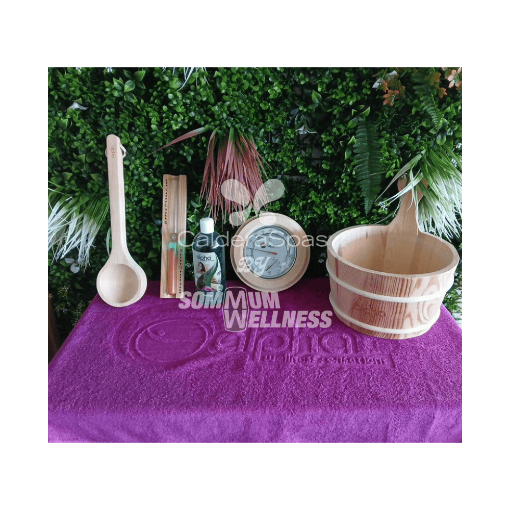 kit accessoires sauna alpha wellness seau louche sablier hygrometre aromatherapie