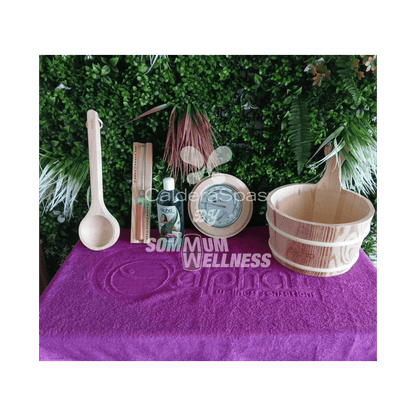 kit accessoires sauna alpha wellness seau louche sablier hygrometre aromatherapie