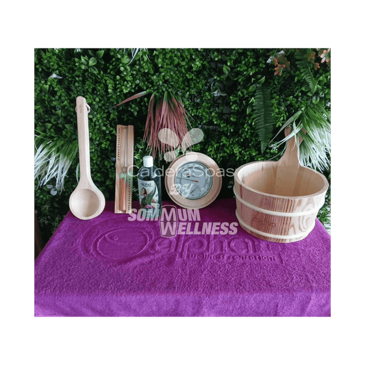 kit accessoires sauna alpha wellness seau louche sablier hygrometre aromatherapie