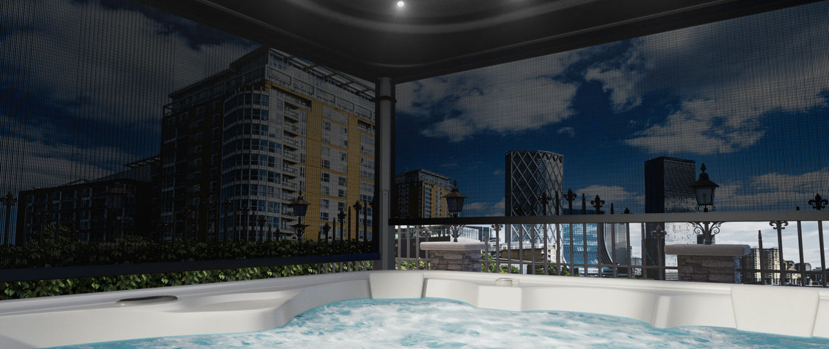 abri de spa Covana Oasis avec ses toiles retractables fermees