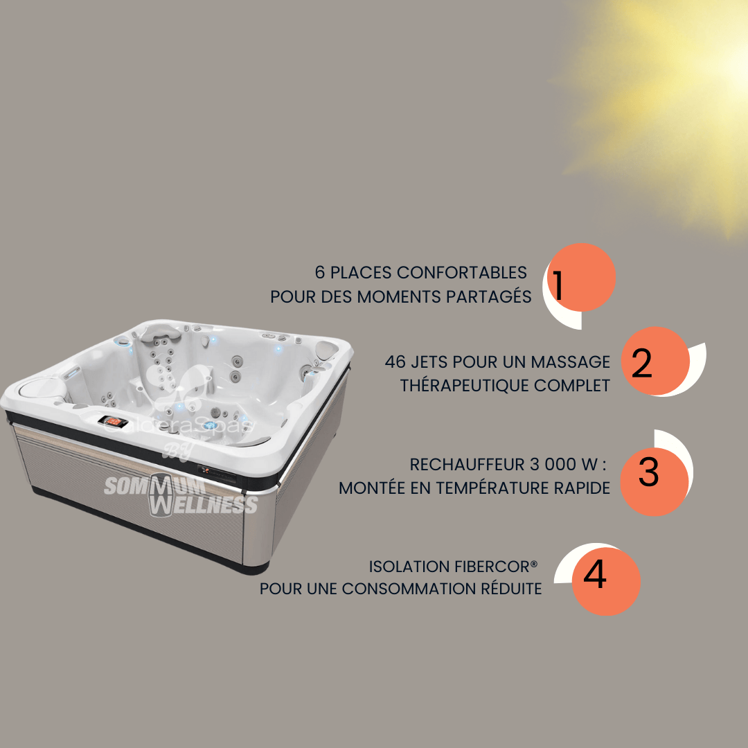 spa Caldera Florence 6 places avec 46 jets hydromassage, réchauffeur 3000 W et isolation FiberCor® haute performance