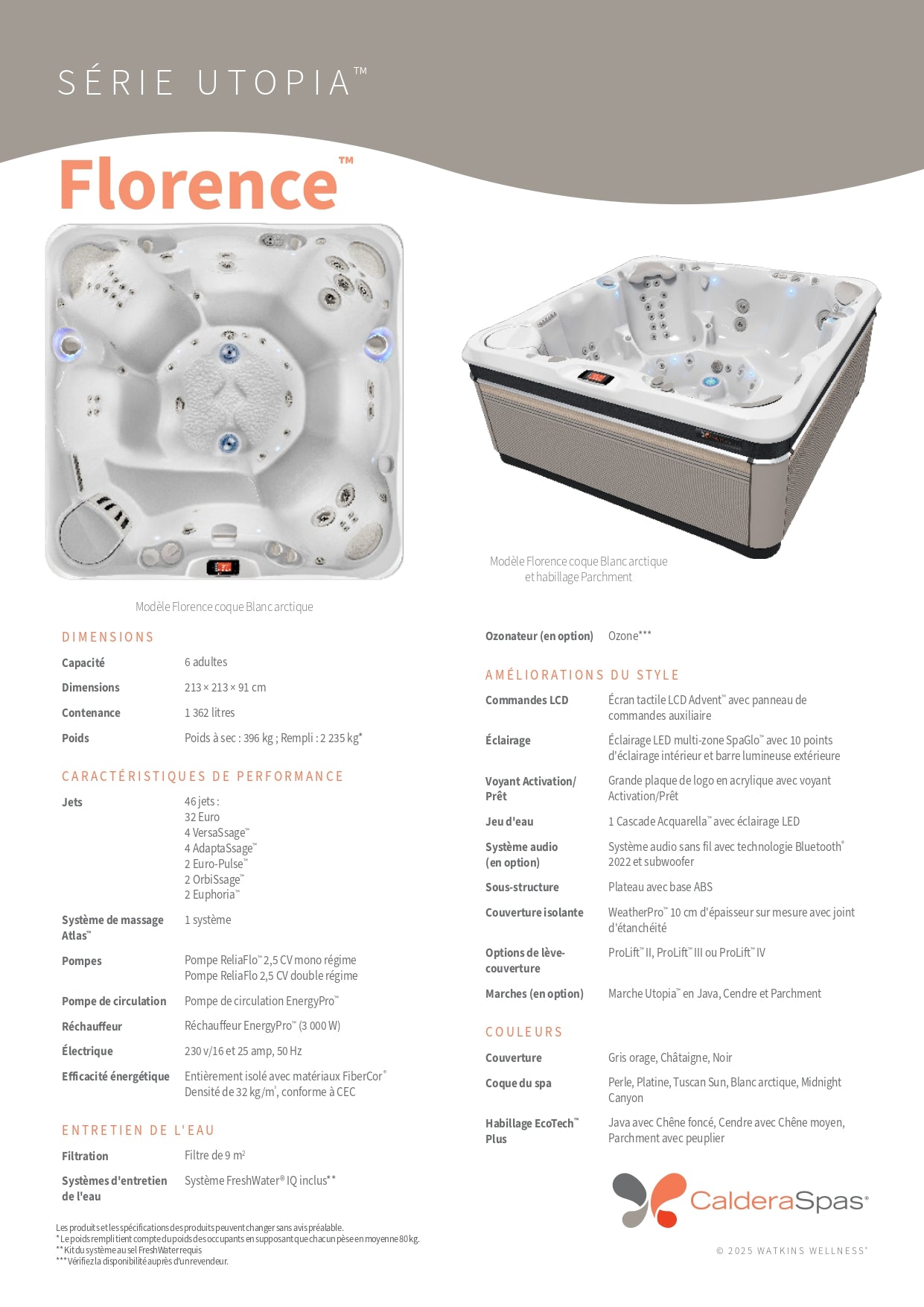 fiche technique du spa Caldera Florence 6 places série Utopia™ avec dimensions, caractéristiques et équipements
