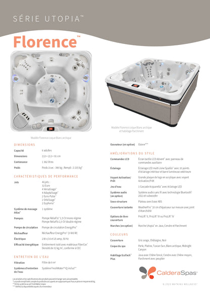 fiche technique du spa Caldera Florence 6 places série Utopia™ avec dimensions, caractéristiques et équipements