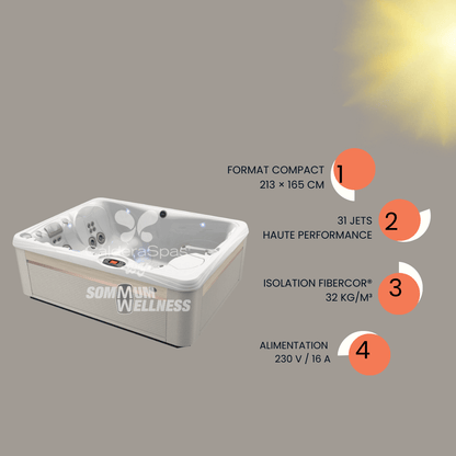spa Caldera Paradise Kauai format compact 213 x 165 cm 31 jets isolation FiberCor alimentation 230V 16A