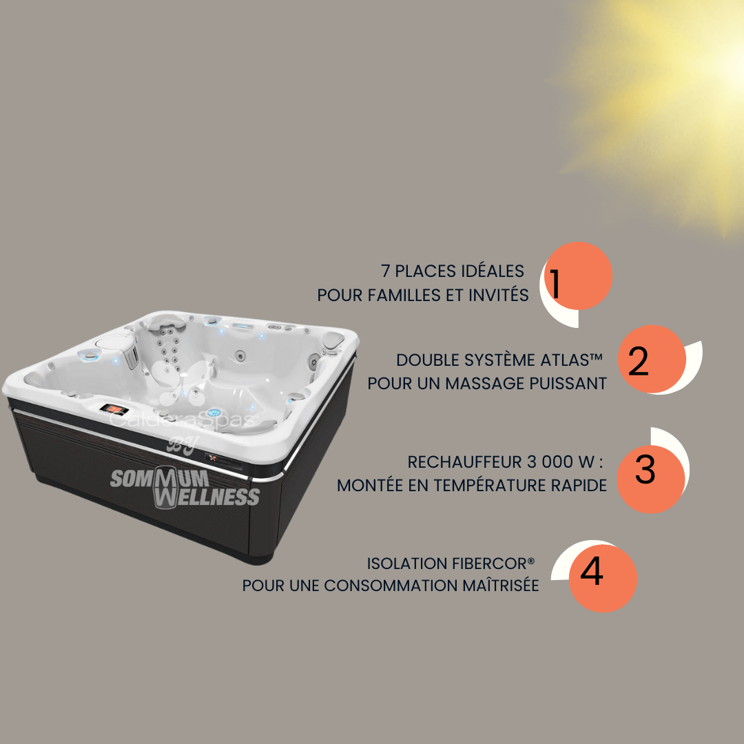 spa Caldera Niagara 7 places série Utopia™ avec double système Atlas™, réchauffeur 3000 W et isolation FiberCor®