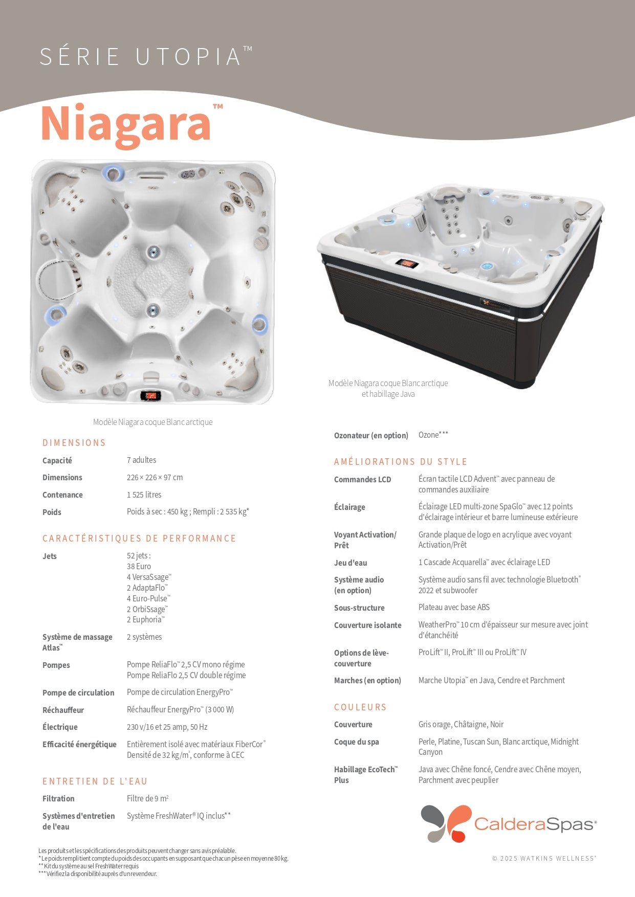 fiche technique du spa Caldera Niagara 7 places série Utopia™ avec dimensions, 52 jets et double système Atlas™