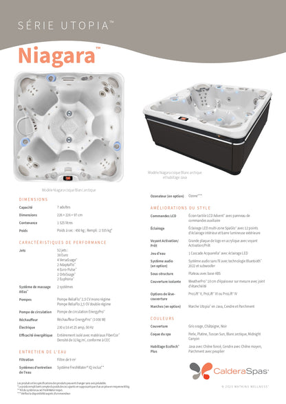 fiche technique du spa Caldera Niagara 7 places série Utopia™ avec dimensions, 52 jets et double système Atlas™