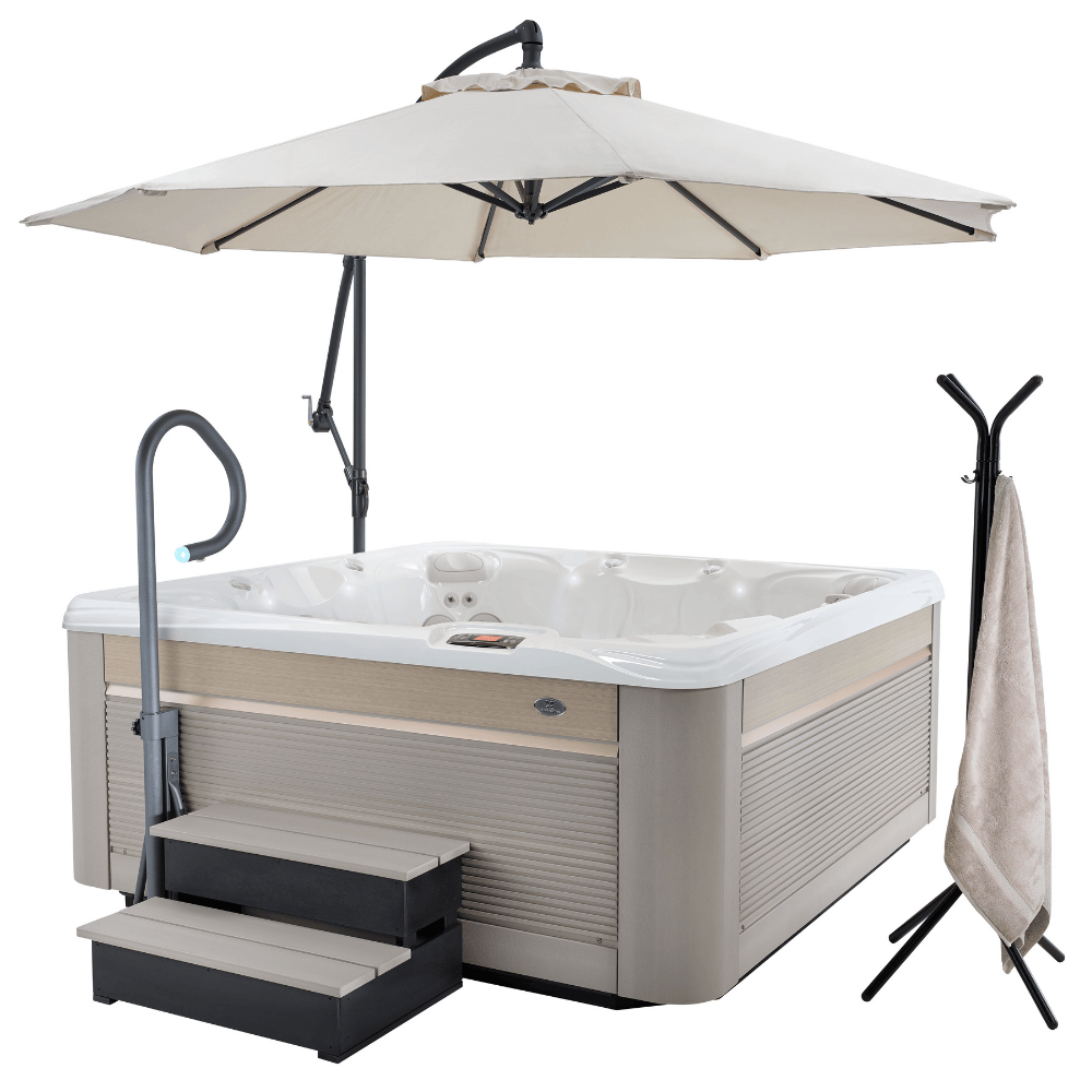 spa Caldera Reunion Serie Paradise installe avec marches EcoTech parasol et accessoires exterieurs