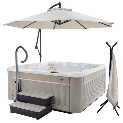 spa Caldera Reunion Serie Paradise installe avec marches EcoTech parasol et accessoires exterieurs