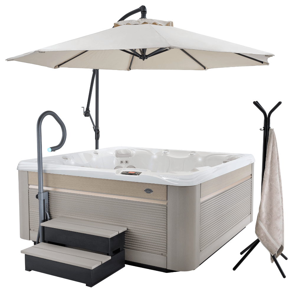 spa Caldera Reunion Serie Paradise installe avec marches EcoTech parasol et accessoires exterieurs