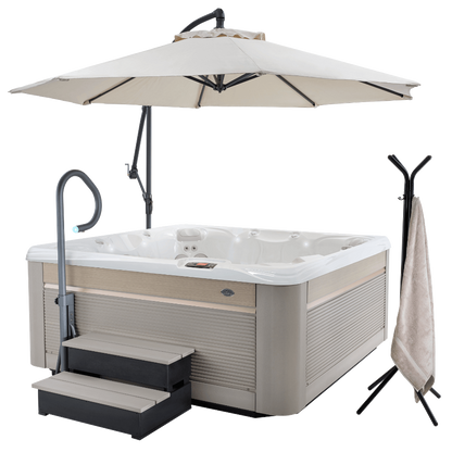 spa Caldera Reunion Serie Paradise installe avec marches EcoTech parasol et accessoires exterieurs