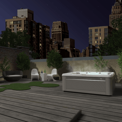 spa Caldera Salina Série Paradise installé sur terrasse urbaine de nuit avec éclairage LED et ambiance extérieure moderne