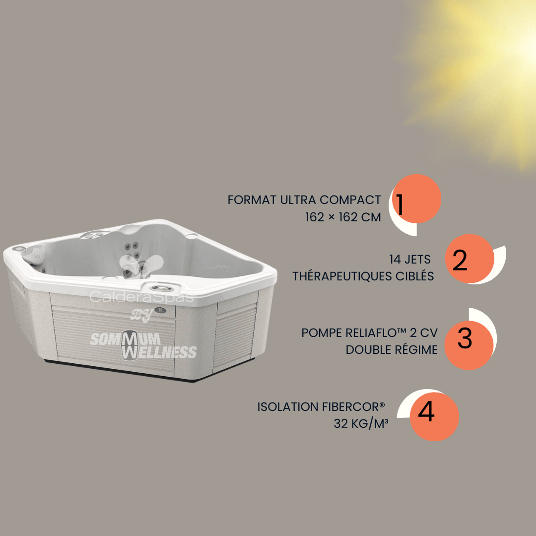 caracteristiques spa Caldera Vacanza Aventine 14 jets pompe ReliaFlo isolation FiberCor format compact