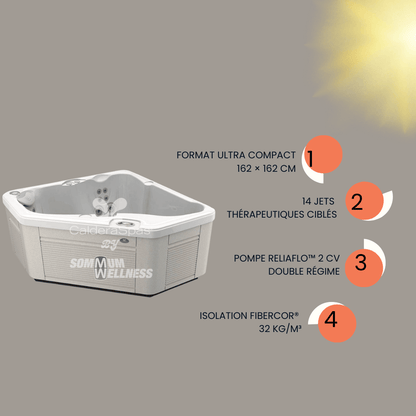 caracteristiques spa Caldera Vacanza Aventine 14 jets pompe ReliaFlo isolation FiberCor format compact