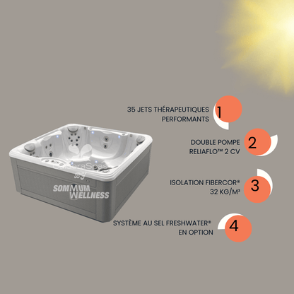 spa Caldera Vacanza Marino 6 places 35 jets therapeutiques double pompe ReliaFlo isolation FiberCor systeme FreshWater en option
