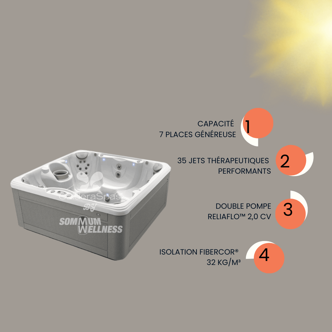 spa Caldera Vacanza Vanto 7 places 35 jets therapeutiques double pompe ReliaFlo isolation FiberCor 32 kg m3
